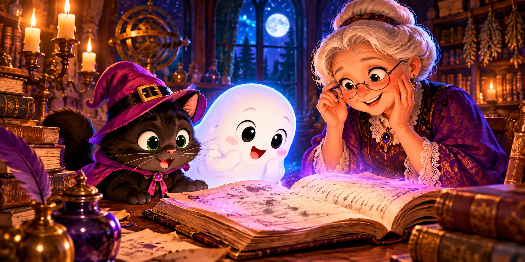 Midnight, the ghost, and the witch discover a damaged manuscript
