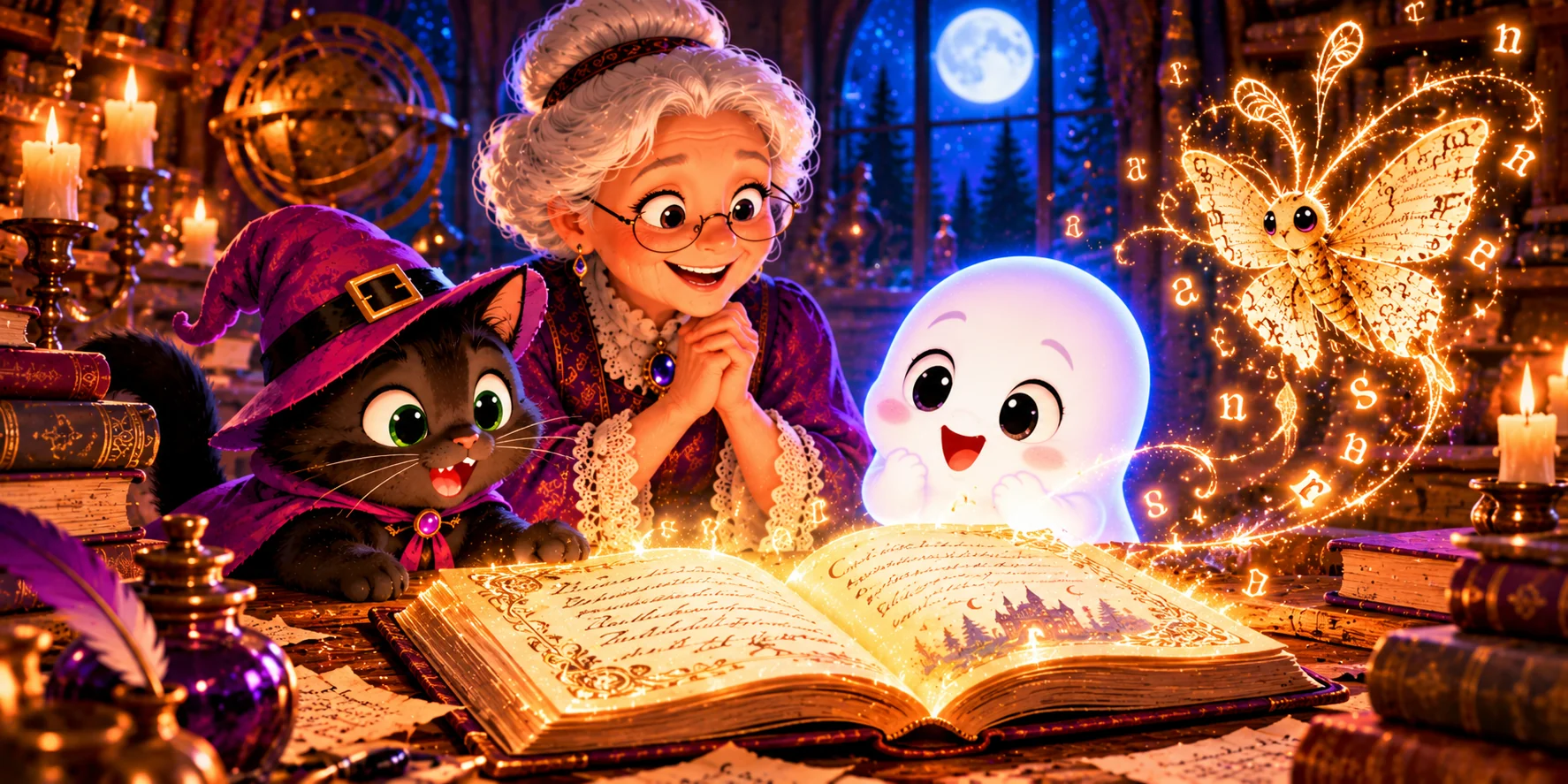 The witch, Midnight, and the ghost admire a restored manuscript